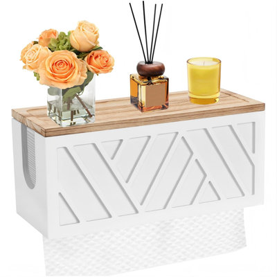 Porte-papier hygiénique avec tablette, distributeur de lingettes en bois, porte-essuie-tout mural ou de table (blanc)