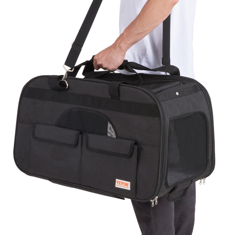 Large Black Soft-Sided Rolling Pet Carrier with Mesh Windows