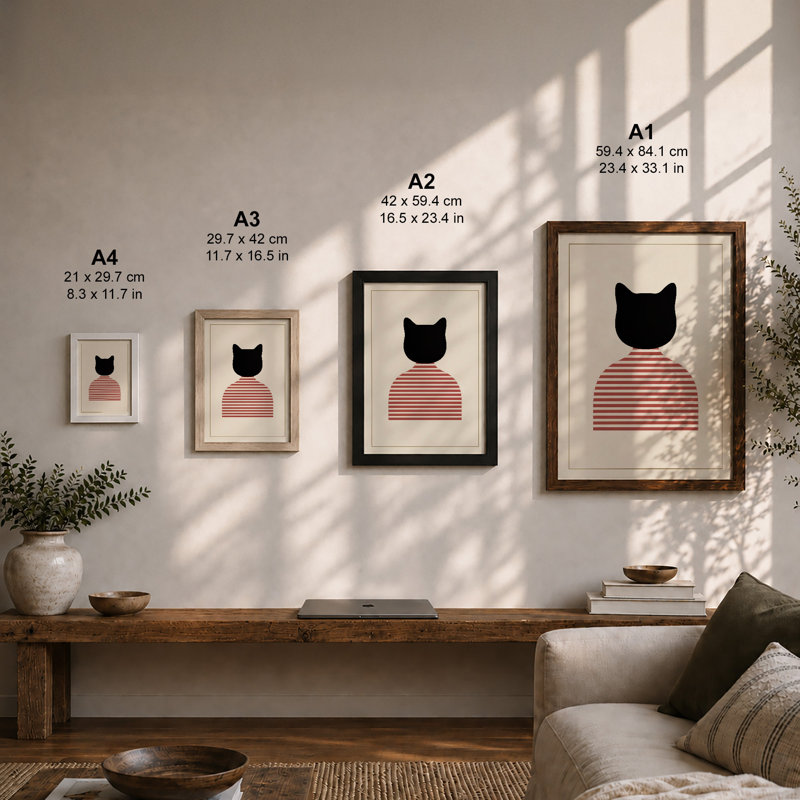 Cat in Red Stripes Minimalist - Framed Print, A1 - 84.1 x 59.4 cm, White