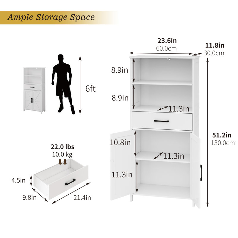 Farmhouse White Storage Cabinet with 2 Doors, 1 Drawer & Open Shelves – Multifunctional Floor Cabinet for Living Room, Kitchen, Entryway，Kitchen Pantry Cabinet