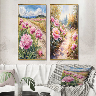 Pivoines le long du chemin de terre I - Collection d'art mural floral 2 panneaux