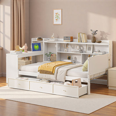 Lit de jour en bois avec 3 tiroirs, ports USB et bureau
