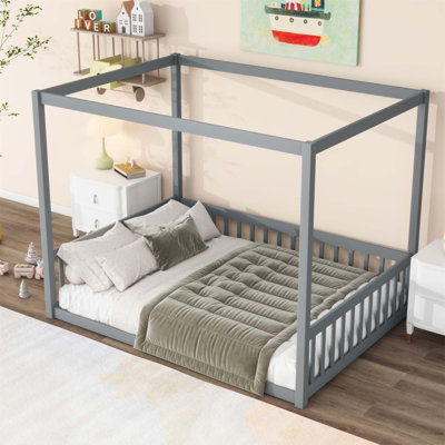 Canopy Frame Rubber Wood Floor Bed With Fence And Guardrails, Ideal For Safe And Imaginative Sleep And Play