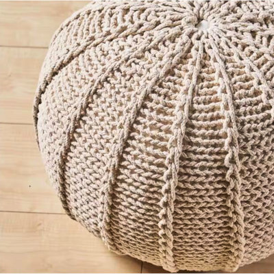 Cotton Knitted Pouf - Beige Round, 19.5 Inches Deep And Wide, 12.88 High, 250 Pound Capacity, Hand Crafted, No Assembly, Good For Relaxing Feet Or Extra Seating Round Pouf, Deep, Seat Footrest