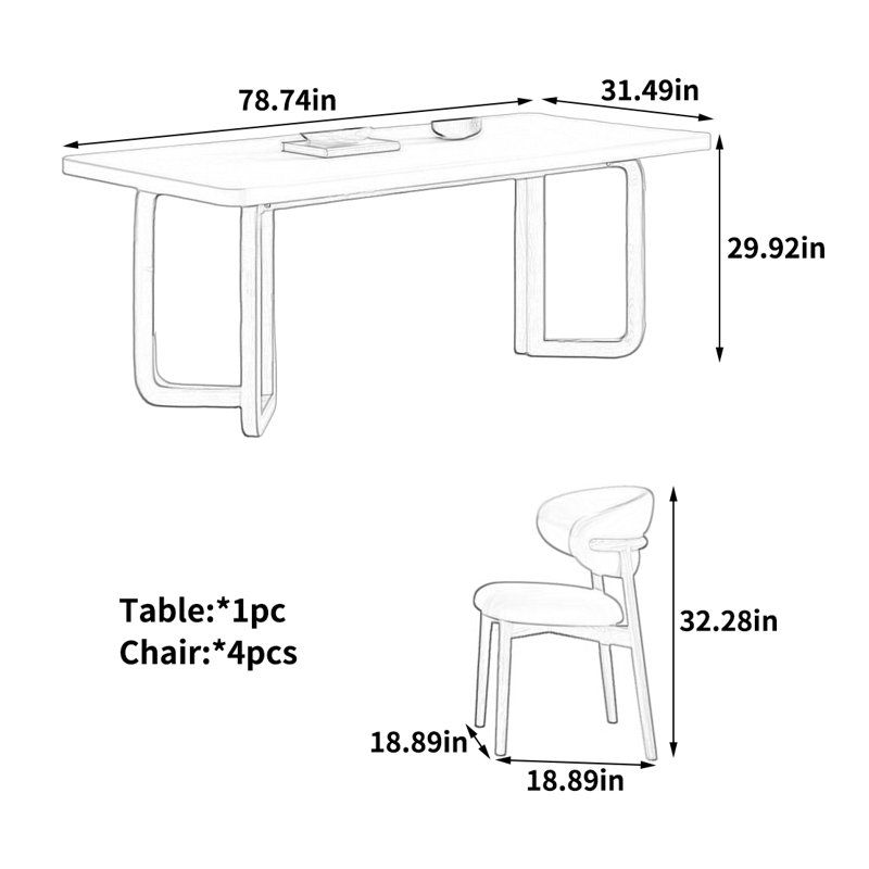 Élégante table de salle à manger française, Ensemble de 5 pièces : table, 4 chaises, 29,92 po H x 78,74 po L x 31,49 po D