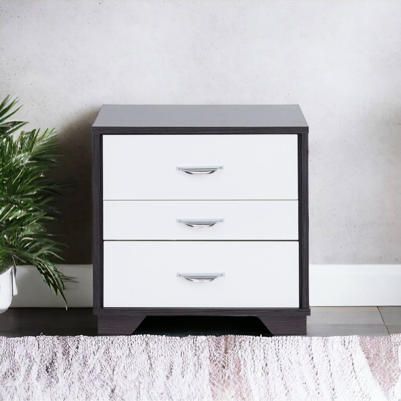 Table d'appoint blanche et noire avec 3 tiroirs, capacité de poids de 40 lb sur le dessus, table de chevet rectangulaire moderne en bois composite noir, 3 armoires et matériaux