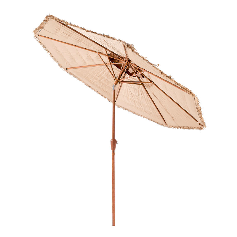 Parasol 9 pi pour patio extérieur, 2 au toit de chaume, inclinaison de 30 po, manivelle manuelle, auvent, parasol de plage en chaume à 8 côtes en métal, polypropylène, nervures, protection solaire