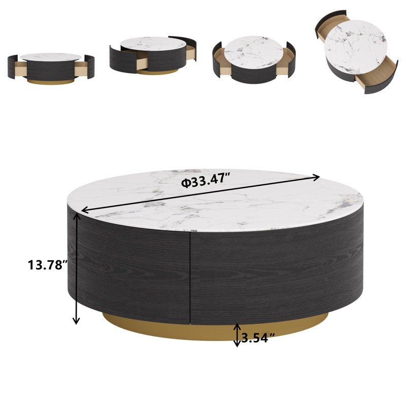 Jahnea Round Coffee Table with Storage, 2 Drawers, Dali White, Black