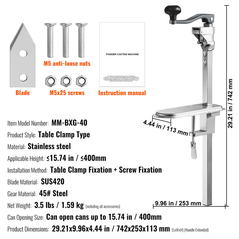 Manual Can Opener, Suitable for Cans Up to 15.7" High, Sturdy Table-Mounted Opener for Big Cans, Durable with Stand, Height-Adjustable Professional Bottle Opener, Hotel, Ideal for Restaurants
