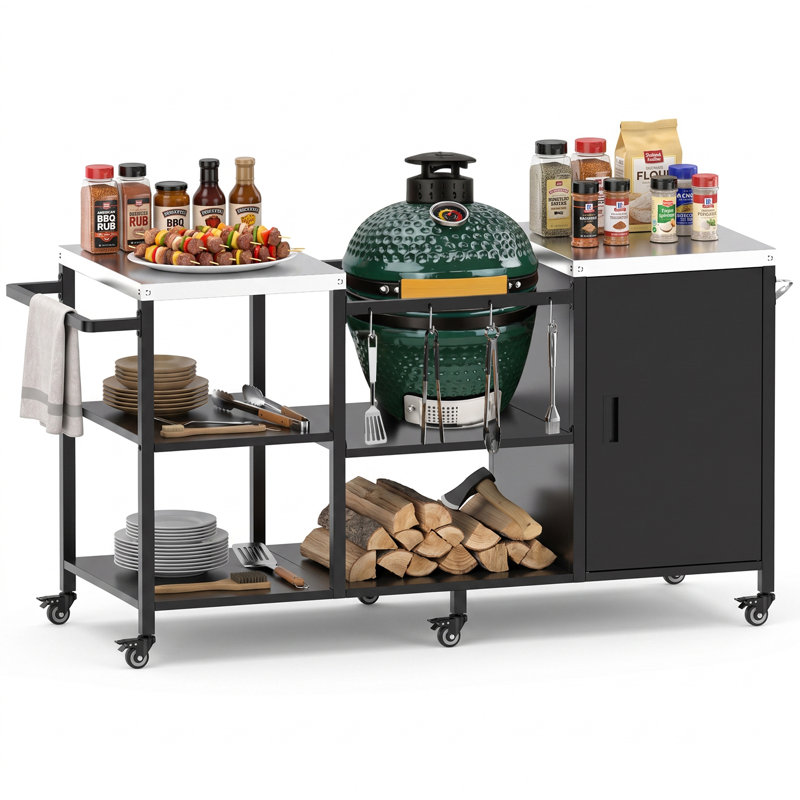 Support de barbecue extérieur pour Big Green Egg et Kamado Joe Jr, plateau de table en acier inoxydable avec tablette de préparation simple face, rangement robuste, capacité de charge de 400 lb, livré avec housse anti-poussière, assemblage facile et portable