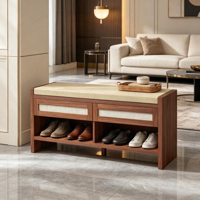 Banc de rangement pour chaussures avec siège rembourré et tiroirs en rotin