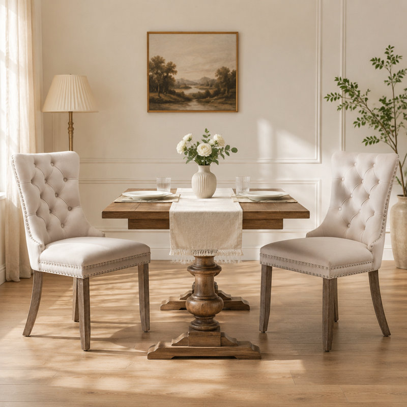 Ensemble de 2 fauteuils de salle à manger rembourrés en velours avec pieds en bois, Beige