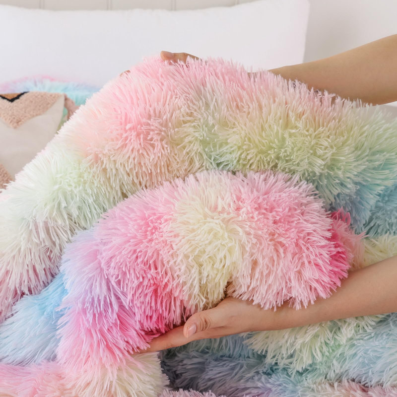 Fluffy Comforter Set 2 Pieces- All Seasons Luxury Fuzzy Comforter With One Pillowcase, Rainbow