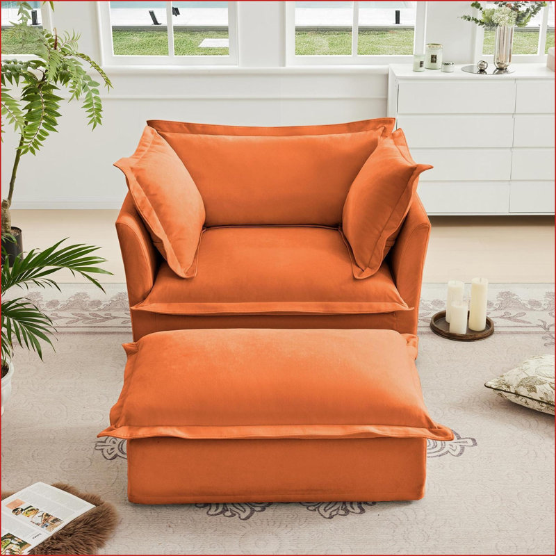 Canapé avec repose-pieds, siège profond à housse moderne pour salon | Chenille orange