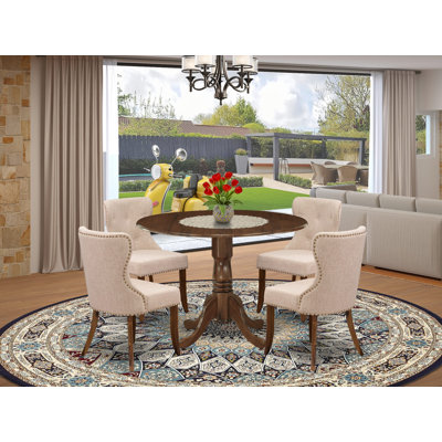 5 Piece Kitchen Table Set for Small Spaces Consist of a Round Wooden Table with Dropleaf and 4 Upholstered Chairs, 42x42 Inch, Antique Walnut