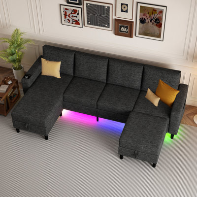 109" Sectional Couches For Living Room, 4 Seat Sectional Sofa With Rgb Light/Wireless Charging/Usb/Type-C