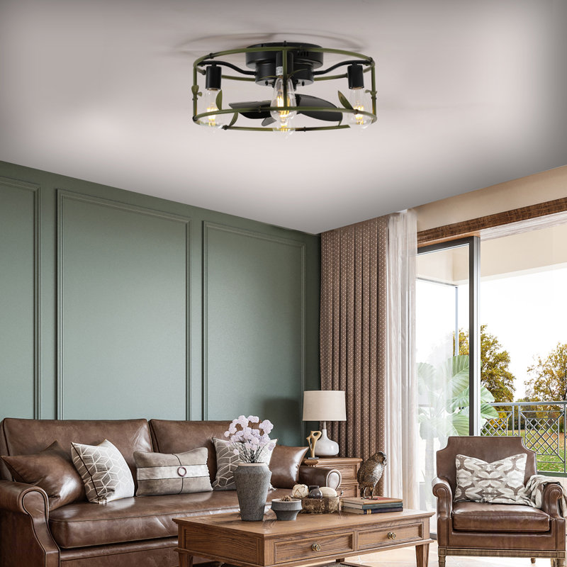 Ventilateur de plafond industriel vert 19 po avec éclairage - Cage encastrée avec télécommande, ventilateur de plafond rustique à 3 lumières, moteur à courant continu réversible silencieux à 6 vitesses pour chambre à coucher, salon (ampoule non incluse)