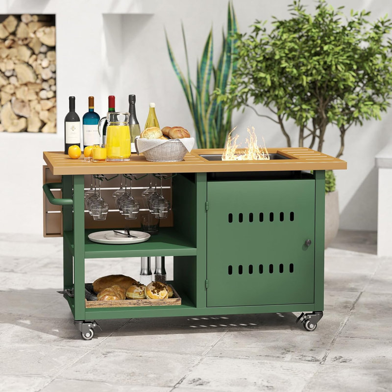 44" Rectangular Propane Fire Pit Table, 50,000 BTU Outdoor Firepit with Cover and Wind Guard, Green