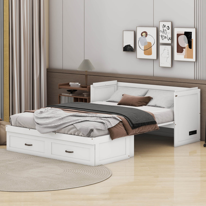 Lit escamotable avec ports USB, tiroirs et poignées en métal, Blanc, Grand lit