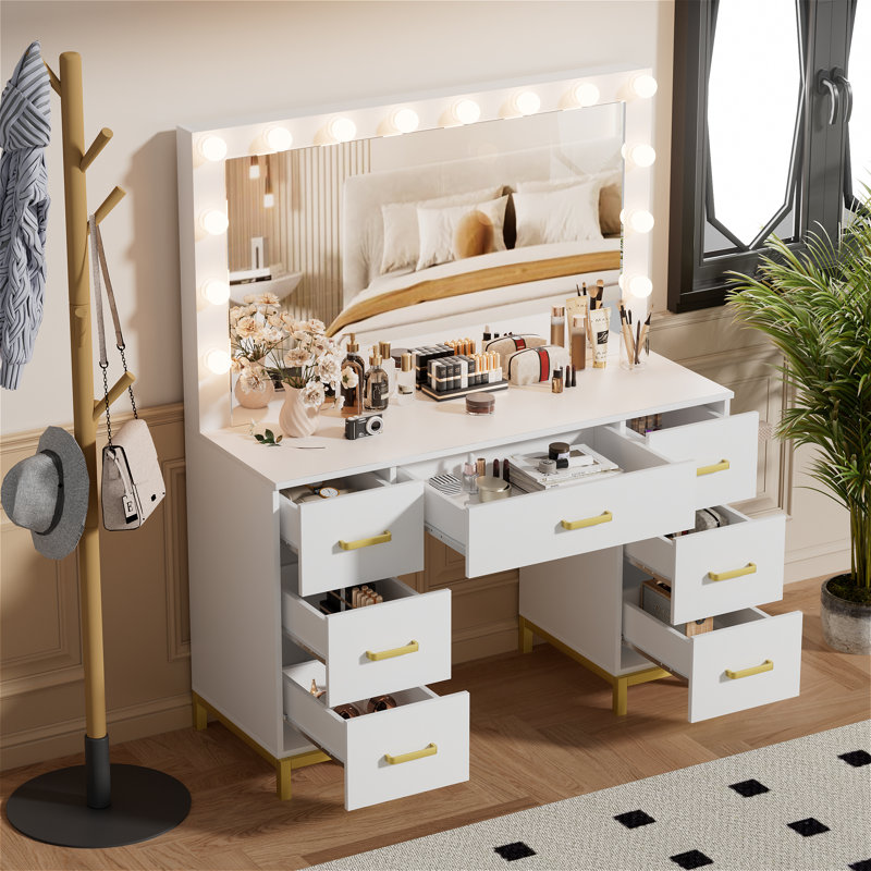 Azmira 43.3'' Large Makeup Vanity, Vanity Set with Lighted Mirror, White