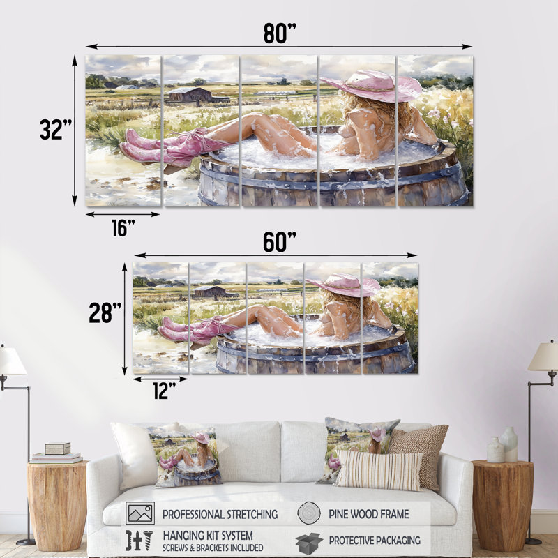 Cowgirl qui prend un bain dans un baril de ferme VII - ensemble d'art mural Cowgirls, H 32 po x l 80 po