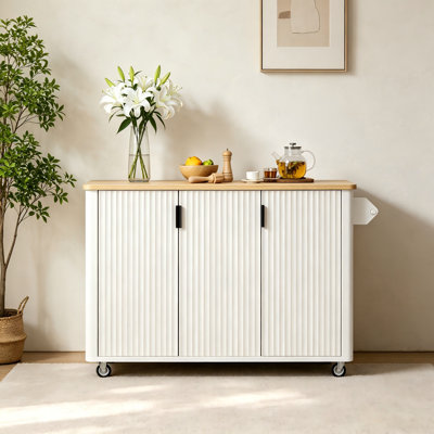 Fluted Kitchen Island, Accent Kitchen Island On Wheels With Drop Leaf And Internal Storage Rack, Rolling Kitchen Cart With Towel Rack For Kitchen, Dining Room
