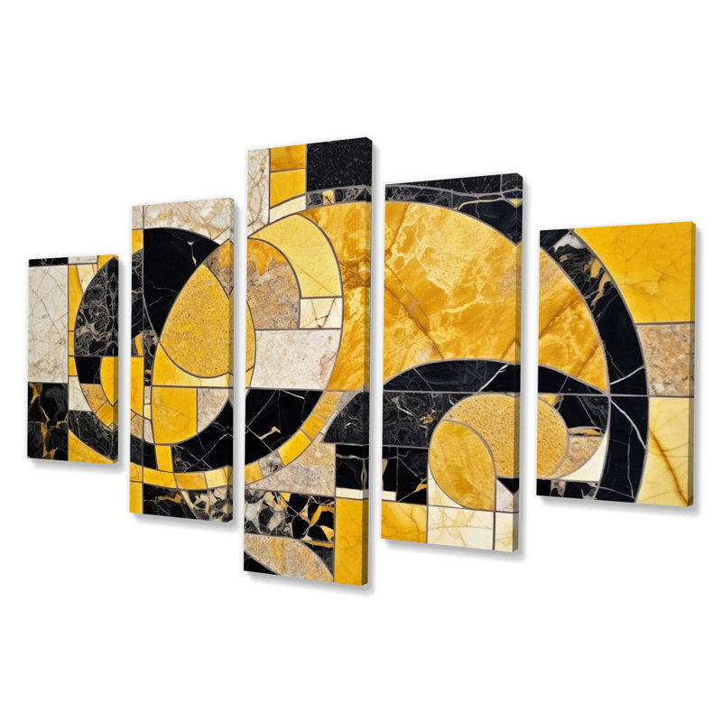 Or et noir en mouvement III - formes abstraites, reproduction sur toile - 5 panneaux