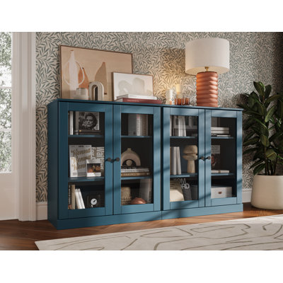 100% Solid Wood 64" Sideboard with Clear Glass Doors and Adjustable Shelves