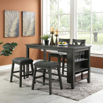 Modern 5pc Counter Height High Dining Table w Storage Shelves High Chairs And Stools