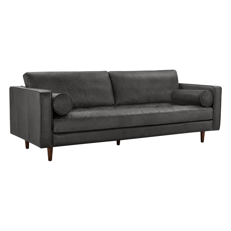 Canapé rembourré réversible en cuir véritable de style Mid-Century 88 po Geo, Noir de Marseille