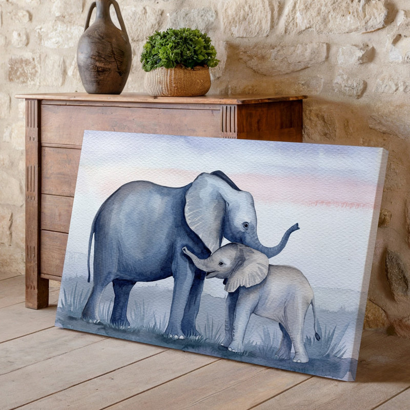 Toile, tendre aquarelle, illustration d'une mère éléphant et son art mural, H 9 po x l 12 po