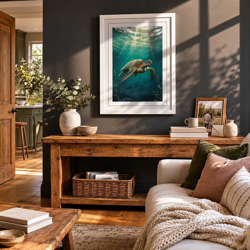 Turtle in Light Coastal - Framed Print, A4 - 29.7 x 21.0 cm, White