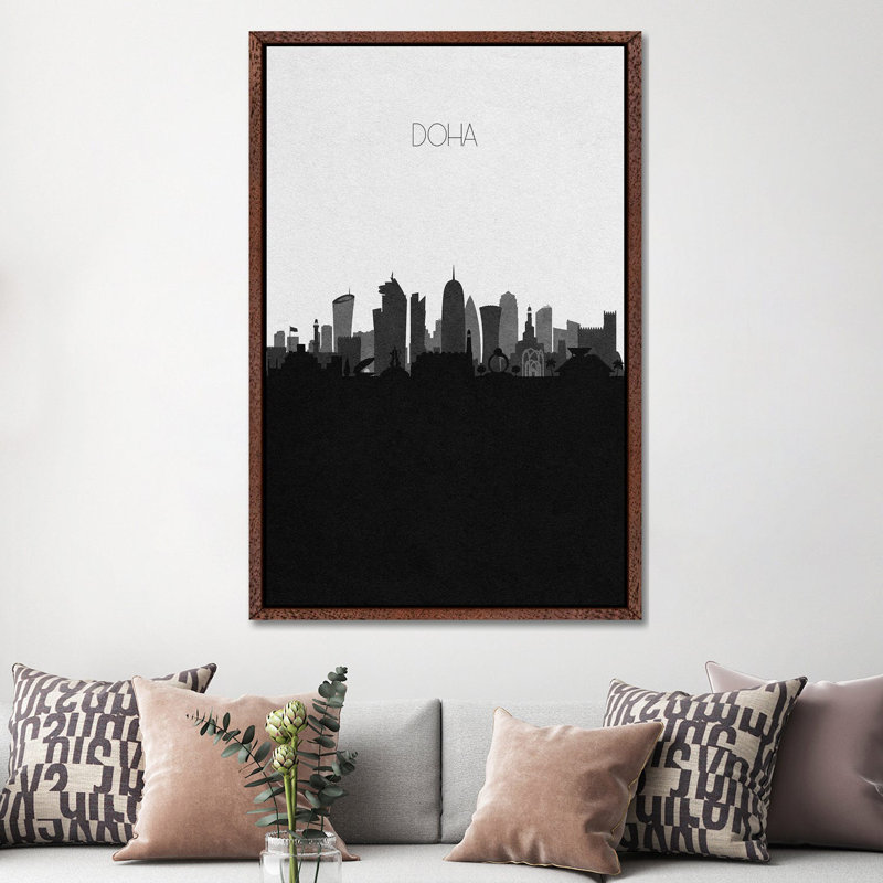 Doha, Qatar City Skyline by Ayse Deniz Akerman - Print on Canvas, 152.5 cm H x 101.5 cm W, Brown Framed Canvas