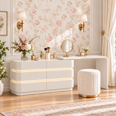 Modern Makeup Vanities Table with 6-Drawers, Retractable 360 ° Rotation, LED Emit Light Vanity Desk