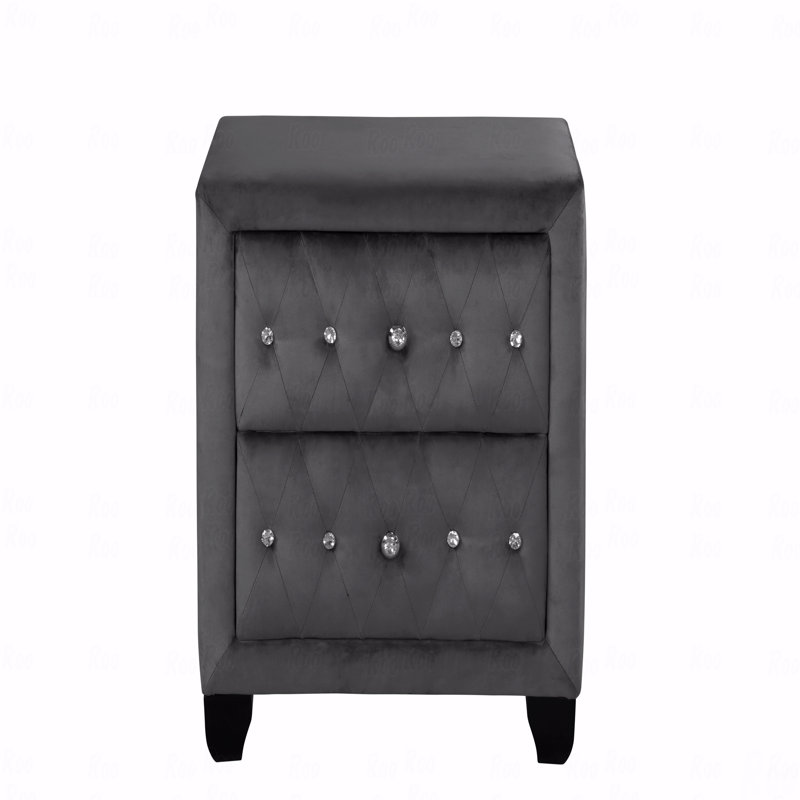 Table de chevet 2 tiroirs, décor moderne en cristal capitonné et revêtu de tissu de velours, Gris