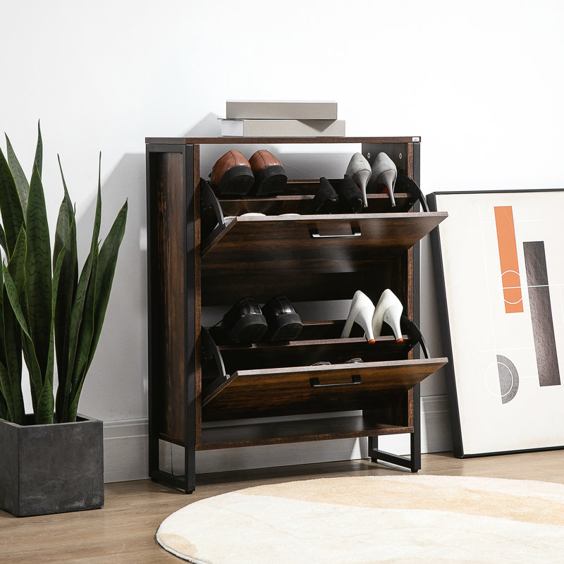 Industrial Style Shoe Rack , Rustic Brown - 12 Pairs Capacity With 2 Flip Drawers For Entryway, Narrow & Strong Frame Holder, Hallway Cabinet Drawers, Space Efficient Robust