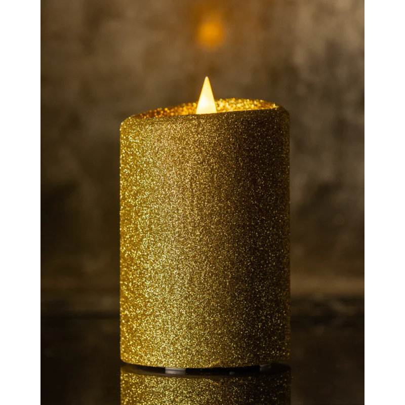 Bougie pilier classique DEL sans flamme scintillante à piles, H 5 po x l 3 po x P 3 po, Doré