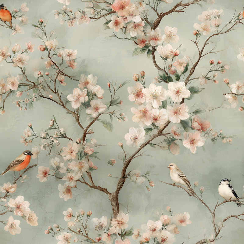 Murale fleurs de cerisier avec fleurs et oiseaux chanteurs, Non-collé