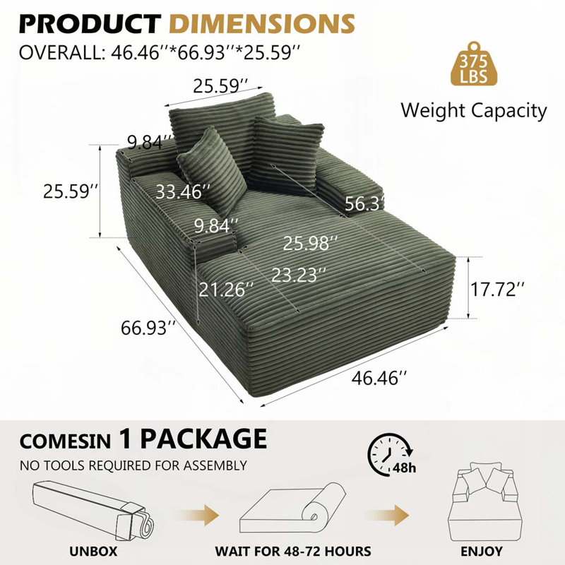 Corduroy 67" Chaise Lounge Chair,Deep Seat Oversized Sleeper Chair, Green