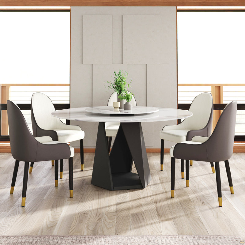 Table de salle à manger 59,05 po ronde en marbre avec base en fer noir, marbre artificiel pour 6 à 8 personnes, table tournante en pierre artificielle blanche 31,5 po, blanc (table de salle à manger seulement)