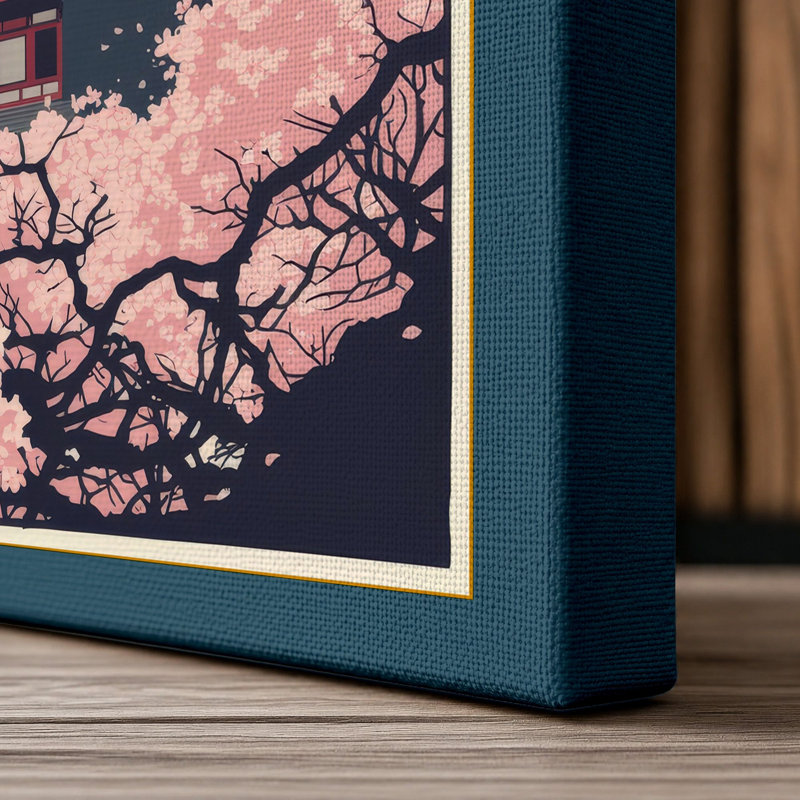 Pagoda Under Blossom Japandi - Wrapped Canvas, 36x24 - 91.4 x 61.0 cm, Teal Border