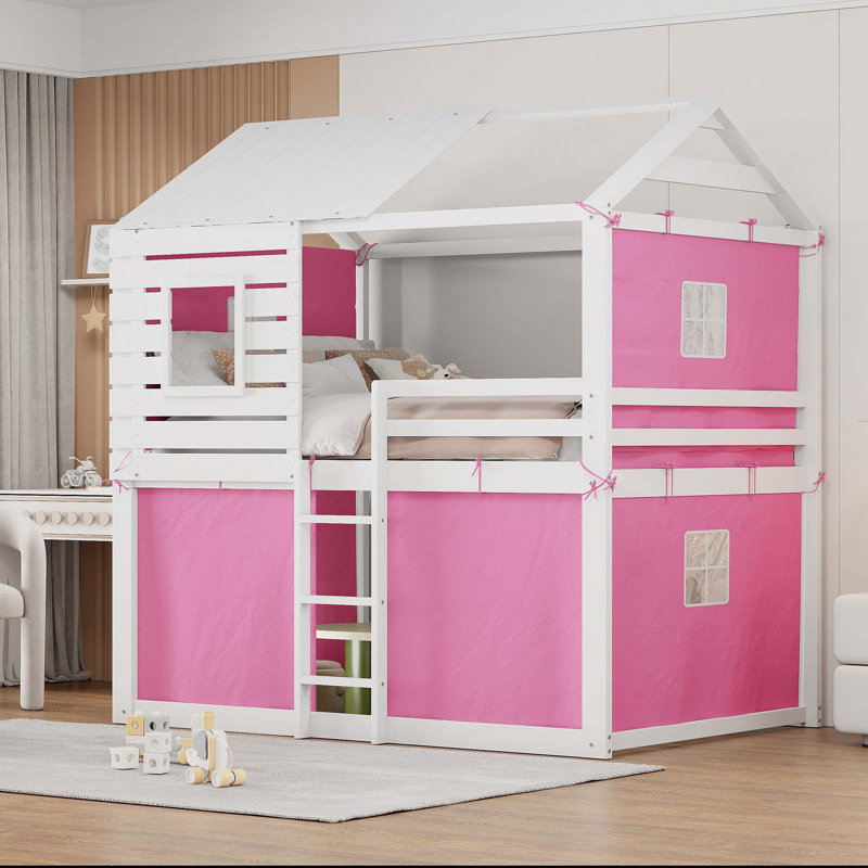 Bunk Wood House Bed With Tent