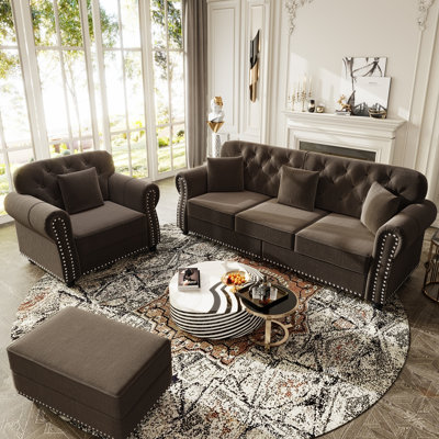 Upholstered Velvet Sofa With Nailhead Trim And Rolled Armrests,Mid-Century Modern Chesterfield Sofa With Button Tufted,Includes 1 Ottoman