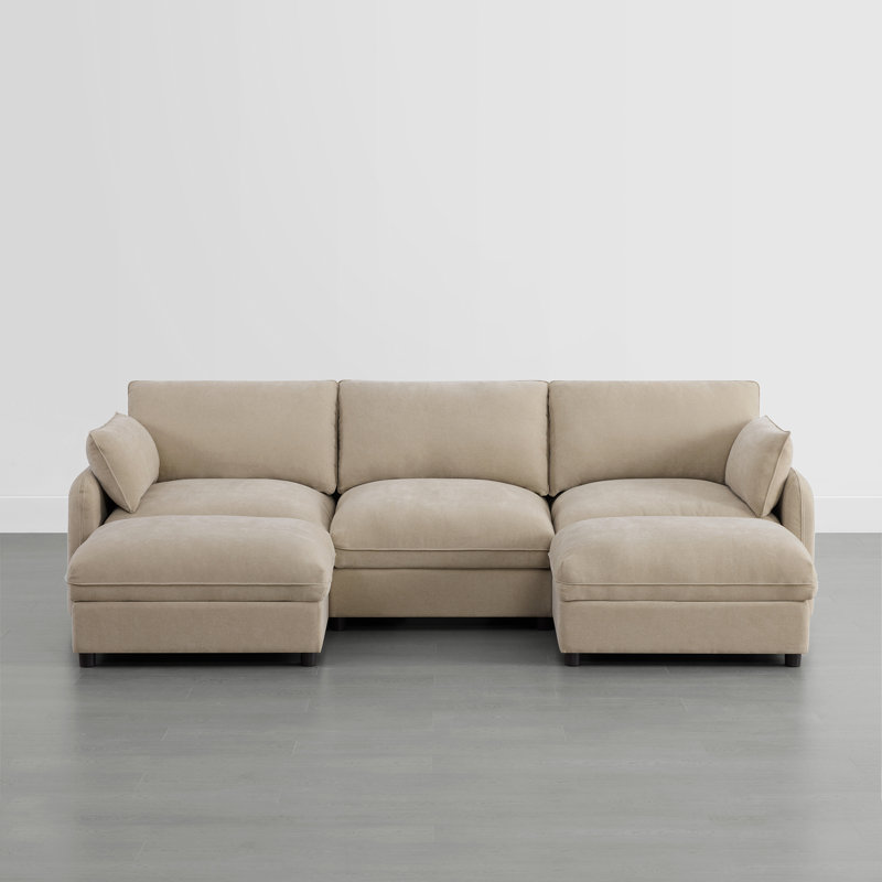112" W 5 - Piece Modern Soft Upholstered Modular Sectional Sofa With 2 Ottomans, Khaki Polyester