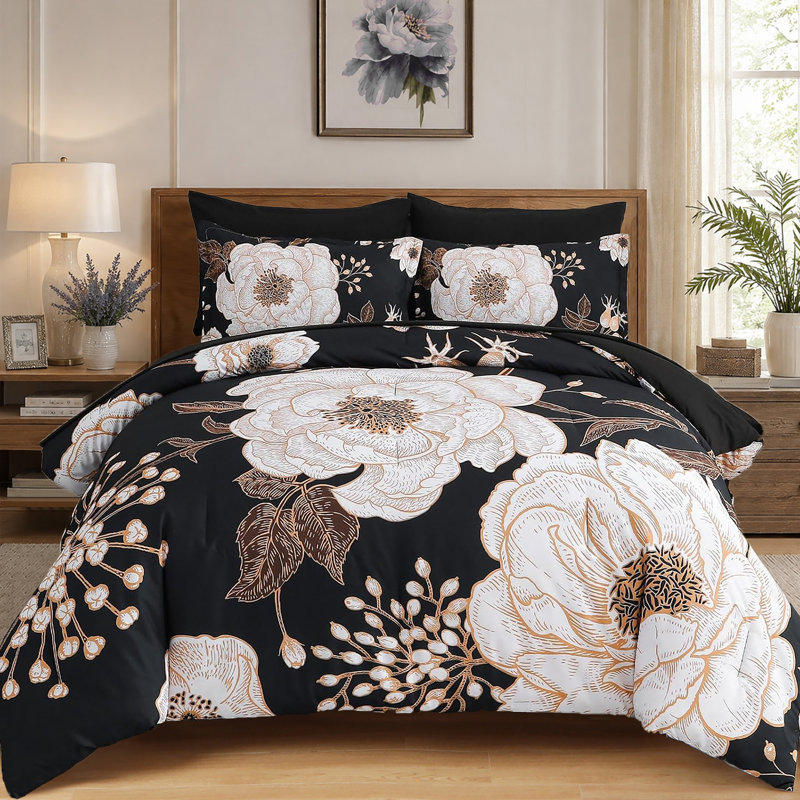 Ensemble d'édredon floral 7 pièces - Ensemble de literie en microfibre douce pour toutes les saisons, Noir blanc