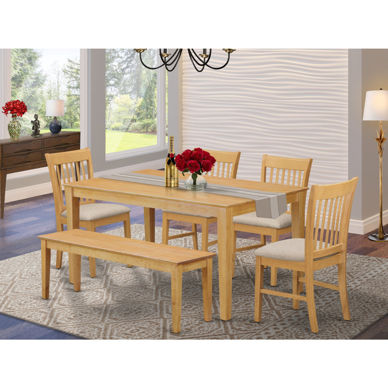 5 Piece Modern Dining Table Set Includes a Rectangle Wooden Table and 4 Linen Fabric Upholstered Chairs, 36x60 Inch, Oak