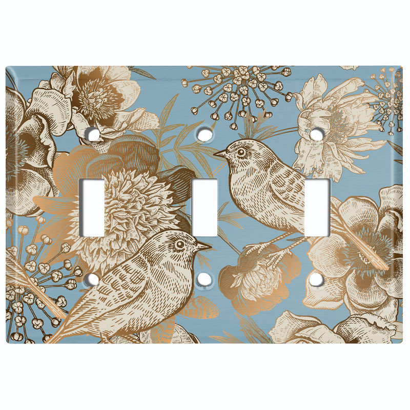 Couvercle de plaque d'interrupteur en métal; Bascule à 3 bandes US standard - oiseaux et fleurs, Triple # 3