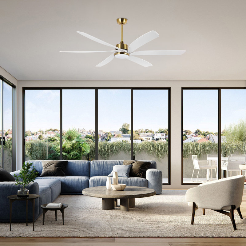 64" Modern Large Propeller Ceiling Fan with LED Light and Remote Control, Gold, White