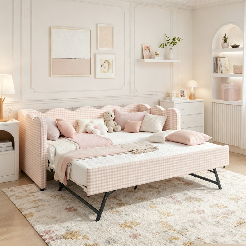 Lit de jour simple en vichy avec couchette et port USB, Rose