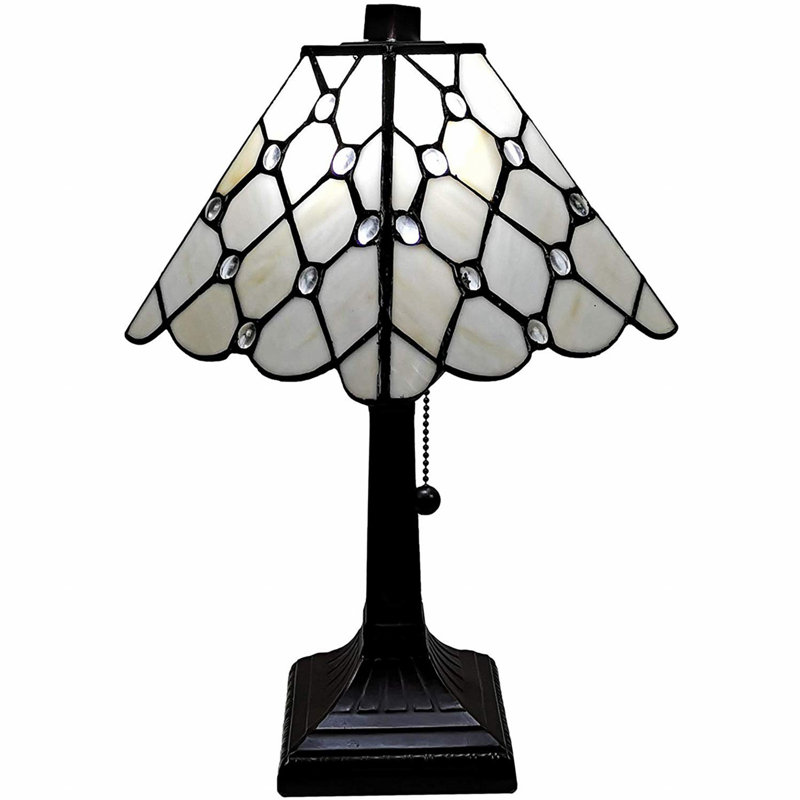 15" White Stained Glass Table Lamp with Faux Crystal Accents